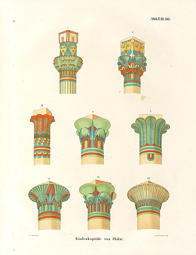 Illustrations of various types of capitals, circa 1849–1859, drawn by the egyptologist Karl Richard Lepsius