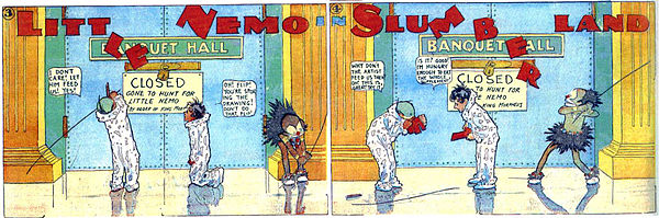 Flip, Nemo and Impie breaking the fourth wall by breaking apart the panel's outlines and eating the letters of the title.