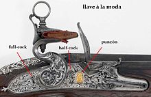 Llave a la moda style miquelet lock by Alonzo Martinez, circa 1730, showing location of the sears and punzon Llave a la moda.jpg