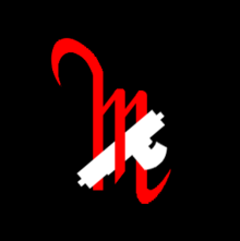 Una M nello stile della firma di Mussolini di colore rosso su sfondo nero, con un fascio littorio stilizzato messo di traverso fra le gambe della lettera M