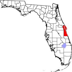 A state map highlighting Brevard County in the southeastern part of the state. It is medium in size and narrow in shape.