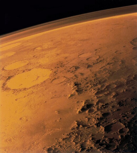 The planet Mars has an atmosphere composed of thin layers of gases.