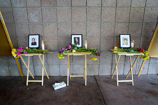 Memorial wall honoring the first three victims killed in the 2014 Isla Vista killings. From left to right: George Chen, Weihan "David" Wang, and Cheng