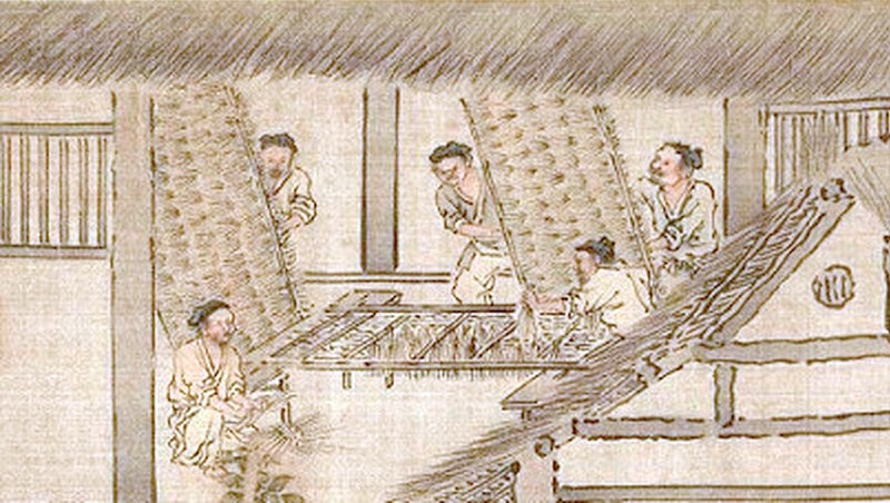 File:Men preparing twig frames where silkworms will spin cocoons (Sericulture by Liang Kai, 1200s).jpg