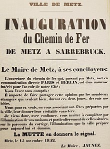 Manifesto per l'inaugurazione nel 1852 della tratta ferroviaria Metz-Sarrebruck