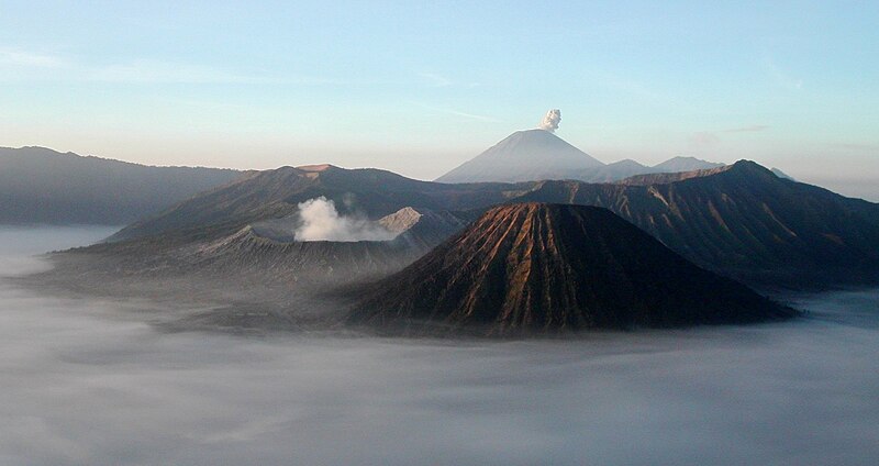 File:Mount Bromo at sunrise, showing its volcanoes and Mount Semeru (background).jpg