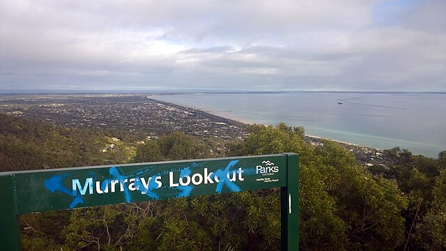 The metal signage that replaced the wooden signage towards the summit in an attempt to reduce vandalism maintenance. Murrays lookout, Arthurs Seat, Vi