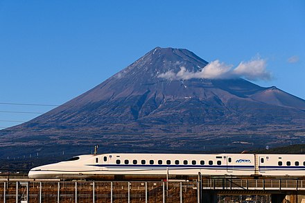 The Tōkaidō Shinkansen high-speed line in Japan, with Mount Fuji in the background. The Tokaido Shinkansen, which connects the cities of Tokyo  and Osaka, was the world's first high-speed rail line.
