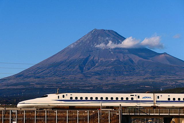The Tokaido Shinkansen high-speed line in Japan, with Mount Fuji in the background. The Tokaido Shinkansen, which connects the cities of Tokyo and Osa
