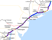 Nord-Ost-Korridor – Amtrak (rot), der Abschnitt New York - New Haven jedoch der Metro North Railroad und die Strecke Providence - Boston der MBTA