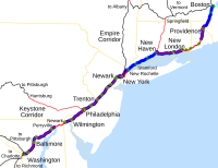 Sections owned by Amtrak are in red; sections with commuter service are highlighted in blue. NEC map.svg