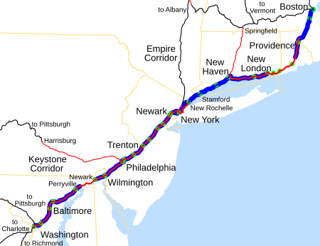 Amtrak's Northeast Corridor connects southern New England to the Mid-Atlantic. Together, with Acela service, is the busiest rail corridor in the U.S. NEC map.svg