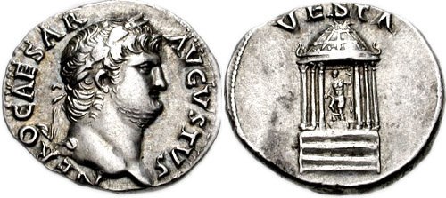 Coin issued under Nero: the reverse depicts the cult statue of Vesta, holding a patera and scepter, within her hexastyle temple.