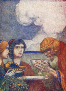 Nausicaa e le sue ancelle portano del cibo e del vino ad Odisseo, di W. Heath Robinson.