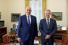 Former Greek Minister for Foreign Affairs Nikos Dendias meets with Andreas Mavroyiannis during his presidential campaign. Nikos Dendias with Andreas Mavroyiannis.jpg