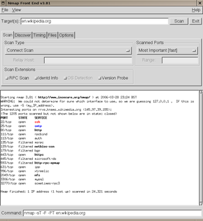 NmapFE, resultater af en portskanning af Wikipedia
