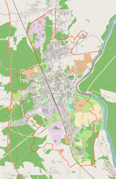 Mapa konturowa Nowej Soli, w centrum znajduje się punkt z opisem „Kościół św. Michała Archanioła w Nowej Soli”