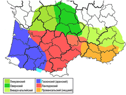 Ареал лимузенского диалекта на карте диалектов окситанского языка