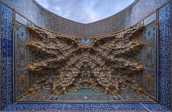 One of the iwan ceilings of Fatima Masumeh Shrine in atabki sahn, Qom, Iran