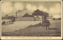 Original factory, 1854, Waltham Watch Company, Waltham, Mass. Original factory, 1854, Waltham Watch Company, Waltham, Mass., unknown artist, c. early 1900s, from the Digital Commonwealth - 1 commonwealth mg74rr79c.jpg