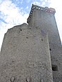 La torre circolare con incastonati gli stemmi delle famiglie nobili feudatarie, oggi non più riconoscibili, e dietro la torre del Re