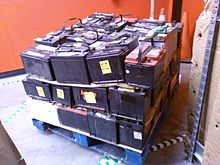 Pallet of scrap lead-acid automotive batteries ready to be recycled Pallet of scrap lead-acid automotive batteries (right side).jpg