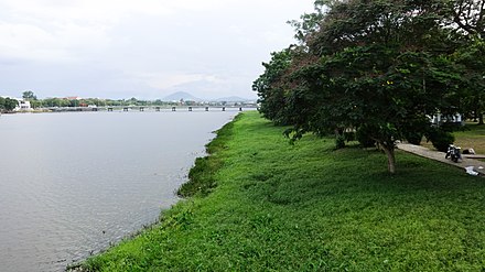 A natural grass bank of the Perfume River in Hue, Vietnam