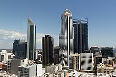 108 St Georges Terrace, Brookfield Place, AMP Building and Central Park in Perth, Western Australia Perth skyline from KS1, November 2017.jpg
