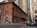 American Academy of Music, Southwest corner, Broad and Locust Sts., Philadelphia, Pennsylvania, USA 19102 View along Locust Street, with Academy House highrise apartments in the background. Added to NRHP: October 15, 1966 Designated NHL: December 29, 1962 NRHP Reference#: 66000674 Opened in 1857, this is the country's oldest musical auditorium retaining its original form and serving its original purpose. Architect Napoleon Le Brun was influenced by European opera houses, and designed an auditorium famed for its acoustical properties and fine sight lines. The "Grand Old Lady of Broad Street" has been the home of the Philadelphia Orchestra from 1900 to 2001. Coordinates: 39.9480111°N 75.165111°W