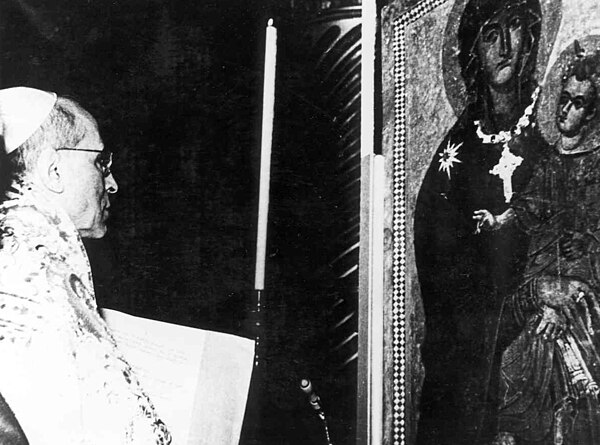 The second Canonical Coronation granted by Pope Pius XII on 1 November 1954, accompanied by a personal speech at the Basilica of Saint Peter and his P