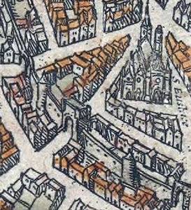 La « porte Coquillier » de l'enceinte de Philippe Auguste vers 1530, extrait du plan de Braun et Hogenberg.