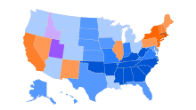 The map above shows plurality religious denomination by state as of 2010 according to a survey of religious denominations. Protestantism
60%+
50 - 59%
40 - 49%
30 - 49%
Catholicism
60%+
50 - 59%
40 - 49%
30 - 39%
Mormonism
60%+
30 - 39% Plurality Religious Denomination by U.S. State (ARDA).svg