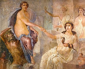 Io and Isis depicted on the southern wall of the Ekklesiasterion Pompeii - Temple of Isis - Io and Isis - MAN.jpg