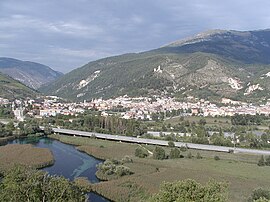 View of the headwaters of the Pescara River and Popoli in the background