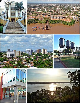 Acima, à esquerda, a sede do Governo do Estado de Rondônia; à direita uma vista parcial da cidade; ao centro, à esquerda, a Casa da Cultura de Porto Velho; à direita um pôr-do-sol no Rio Madeira; abaixo uma panorâmica da cidade.