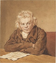 Portrait of Lourens van Schaick, Seated at a Table label QS:Len,"Portrait of Lourens van Schaick, Seated at a Table" label QS:Lnl,"Portret van Lourens van Schaick, zittend aan een tafel" . circa 1814 date QS:P,+1814-00-00T00:00:00Z/9,P1480,Q5727902 . pencil and watercolor on paper. 12.1 × 10.7 cm (4.7 × 4.2 in). Amsterdam, Rijksmuseum Amsterdam.
