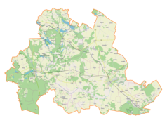 Mapa konturowa powiatu działdowskiego, blisko centrum po prawej na dole znajduje się punkt z opisem „Działdowo”