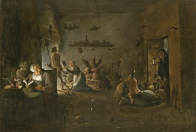 Preparation for the Witches' Sabbath by David Teniers the Younger. Note on the left an older witch reading from a grimoire while anointing the buttocks of a young witch about to fly to the sabbath upon an inverted besom with a candle upon its twigs Preparation for the Witches' Sabbath (David Teniers II).jpg