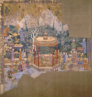 The earliest known example of a Mughal painting, Princes of the House of, Timur (c. 1550-55), is attributed to Abd al-Samad. It was probably executed for Humayun, and added to under later emperors to update the family tree.Painted with gouache and gold on fine cotton fabric. British Museum