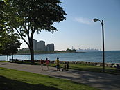 Downtown Chicago and lakefront condominiums in Hyde Park as seen from the northern side of Promontory Point.