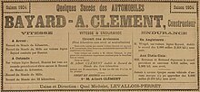 Publicitate textuală care evocă succesul mașinilor Bayard-Clément în competițiile de automobile.