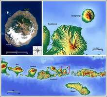Pulau Sangeang. - Links oben: Satellitenaufnahme der NASA (1985). - Rechts oben: Lage von Sangeang im Nordosten der Insel Sumbawa. - Unten: Lage von Sangeang im Bereich der Kleinen Sundainseln.