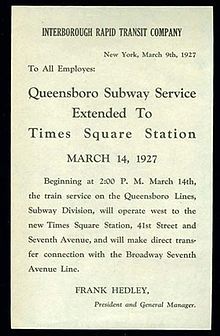 Queensboro Subway Service Extended To Times Square station 1927 Queensboro Subway Service Extended To Times Square Station 1927.jpg