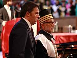 Then Rector of the Bologna University, Ivano Dionigi, with then Prime Minister of Italy Matteo Renzi, in 2015. Renzi Dionigi 2015.jpg