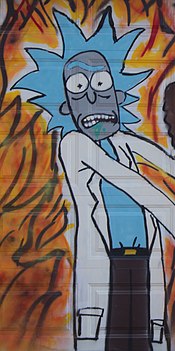Rick peint sur une porte de garage.
