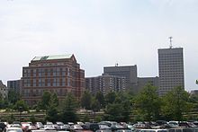 The skyline of Rockville, Maryland, Falk's current place of residence Rockvillemd.jpg