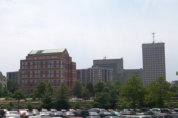 The skyline of Rockville, Maryland, Falk's current place of residence