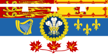Royal standard for the Prince of Wales in Canada. The feathered badge is placed in its centre. Royal Standard of the Prince of Wales (in Canada).svg