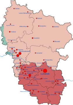 Peta Administrasi Sipil Militer Luhansk, termasuk hampir seluruh Oblast Luhansk