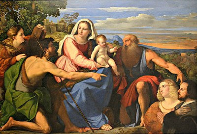 Madonna and Child with Donors (c. 1525) by Palma Vecchio Sacra Conversazione con donatori, Jacopo Palma il Vecchio 001.JPG
